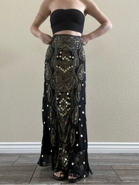Vintage Black Beaded Maxi Skirt with Gold Accents